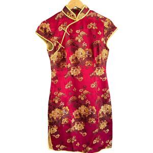 Vintage Red and Gold Brocade Silk Satin Qipao Cheongsam Dress | Small